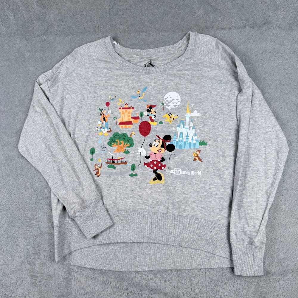Disney World Park Map Sweatshirt Gray Minnie Mickey Rhinestone Glitter Large